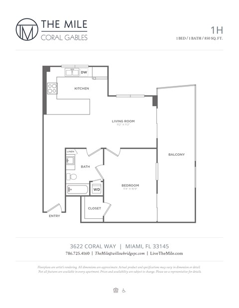 Floor plan for 1 bed, 1 bath, 850 sqft